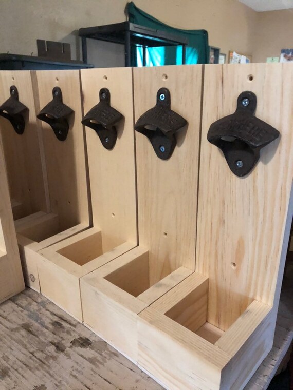 Unfinished Wall Mounted Beer Bottle Opener Wooden With Cap Catcher Wood Rustic