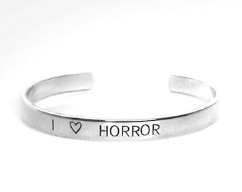 Horror | Horror Movie Jewelry | I Heart Horror | Handstamped Bracelet | Halloween Jewelry | Slasher | Goth Jewelry | Gift for Her