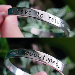 American Psycho cuff bracelet, I have to return some videotapes, hand stamped jewelry, Patrick Bateman, horror gift, slasher, Christian Bale