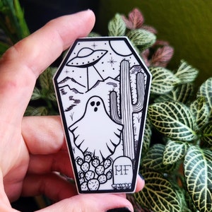 Ghost sticker, Coffin Sticker, Cactus, Flying Saucer, UFO, Desert sticker, Cryptid, Water Bottle Sticker, western sticker, tombstone