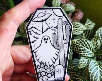 Ghost sticker, Coffin Sticker, Cactus, Flying Saucer, UFO, Desert sticker, Cryptid, Water Bottle Sticker, western sticker, tombstone