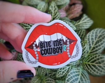 Vampire fangs sticker, Bite me Cowboy, Red lips, Western jewelry, y'allternative, dark western, western goth
