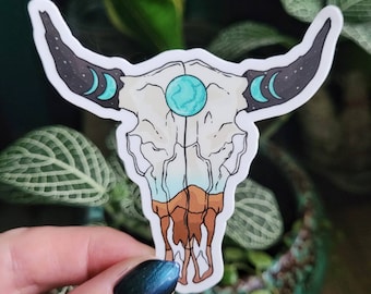 Steer Skull sticker, turquoise gem, lunar sticker, moon phase, moon and stars sticker, desert scene, western sticker, decal