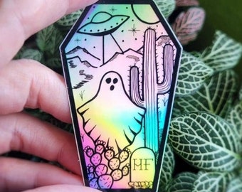 Holographic Sticker, Coffin Sticker, Ghost, Cactus, Flying Saucer, UFO, Desert Scene, Cryptid, Water Bottle Sticker, Ghost Town