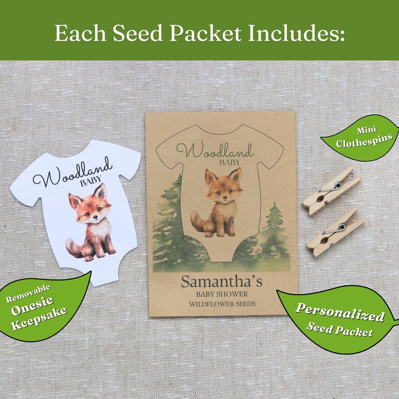 Puede incluir: Un conjunto que incluye un recuerdo con forma de body blanco con una ilustraci&oacute;n de un zorro y el texto Woodland Baby, un sobre de semillas de papel marr&oacute;n con un zorro y pinos con el texto Woodland Baby Samantha's Baby Shower Wildflower Seeds, y dos mini pinzas de madera.