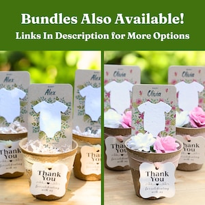 May include: Baby shower favors featuring small pots with white and pink flowers, baby onesie cutouts, and tags that say "Thank You." The text "Bundles Also Available! Links In Description for More Options" is at the top.