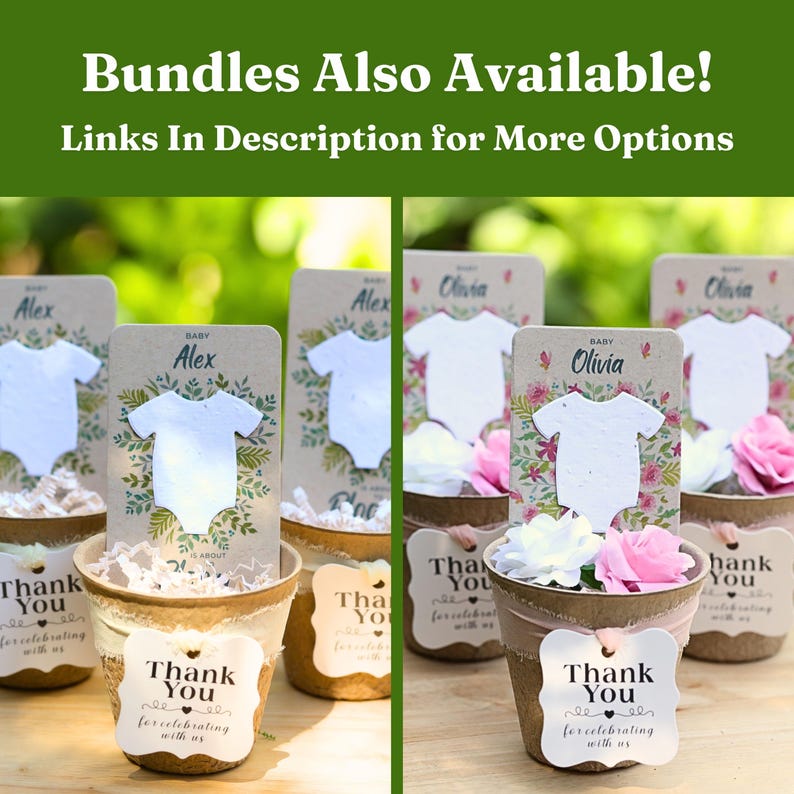May include: Baby shower favors featuring small pots with white and pink flowers, baby onesie cutouts, and tags that say "Thank You." The text "Bundles Also Available! Links In Description for More Options" is at the top.
