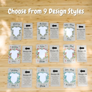 May include: Nine baby shower invitation designs are displayed, each featuring a white onesie cutout. The designs vary with floral accents and text like "A Baby is Blooming" or "Baby In Bloom." Background colors include green, pink, and blue.