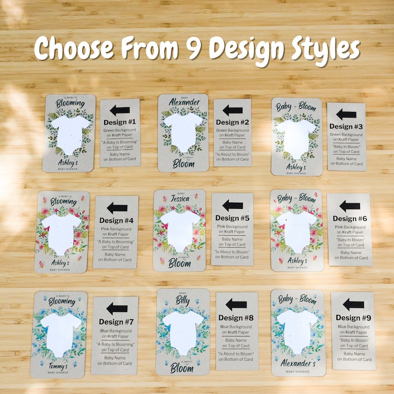 May include: Nine baby shower invitation designs are displayed, each featuring a white onesie cutout. The designs vary with floral accents and text like "A Baby is Blooming" or "Baby In Bloom." Background colors include green, pink, and blue.