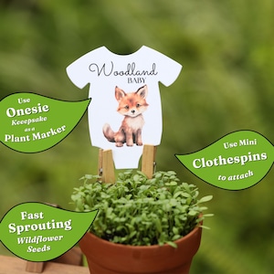Recuerdos para baby shower con temática de animales del bosque: paquetes de semillas de flores silvestres, zorro, mapache, oso, ciervo, cervatillo, erizo, conejo, conejito, estilo boho. imagen 5