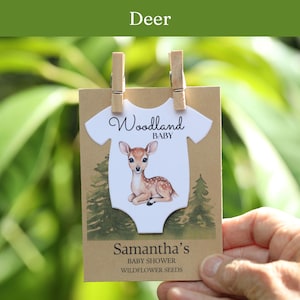 Recuerdos para baby shower con temática de animales del bosque: paquetes de semillas de flores silvestres, zorro, mapache, oso, ciervo, cervatillo, erizo, conejo, conejito, estilo boho. imagen 14