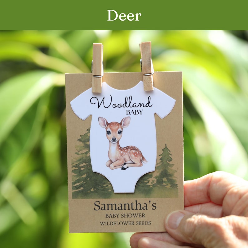 Recuerdos para baby shower con temática de animales del bosque: paquetes de semillas de flores silvestres, zorro, mapache, oso, ciervo, cervatillo, erizo, conejo, conejito, estilo boho. imagen 14