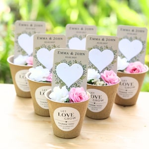 May include: Five small brown paper pots containing artificial white and pink roses. Each pot features a round sticker with the text Let Love Grow Thank You For Celebrating With Us and a tall card with a white heart and Emma & John 05.05.2027.