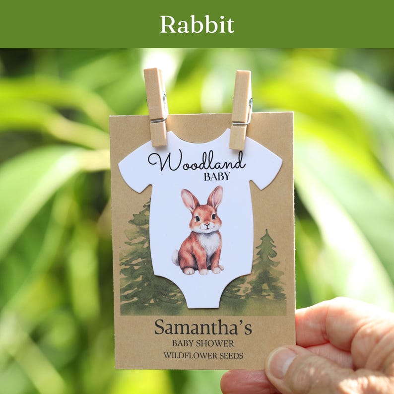 Puede incluir: Una tarjeta rectangular de papel kraft con un recorte en forma de body blanco, una ilustraci&oacute;n de un conejo marr&oacute;n y el texto Woodland BABY. Debajo, el texto dice Samantha's BABY SHOWER WILDFLOWER SEEDS. Dos clips de madera sujetan la tarjeta.