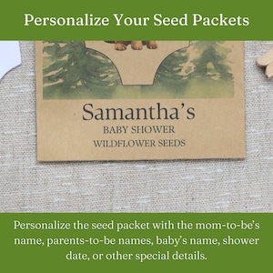 Puede incluir: Un sobre de semillas rectangular de papel kraft con una ilustraci&oacute;n impresa de un paisaje forestal y el texto Samantha's BABY SHOWER WILDFLOWER SEEDS. El dise&ntilde;o incluye un borde superior troquelado y letras marr&oacute;n oscuro sobre fondo claro.