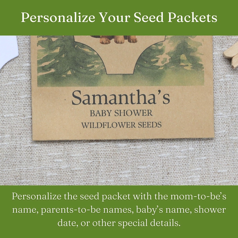 Puede incluir: Un sobre de semillas rectangular de papel kraft con una ilustraci&oacute;n impresa de un paisaje forestal y el texto Samantha's BABY SHOWER WILDFLOWER SEEDS. El dise&ntilde;o incluye un borde superior troquelado y letras marr&oacute;n oscuro sobre fondo claro.