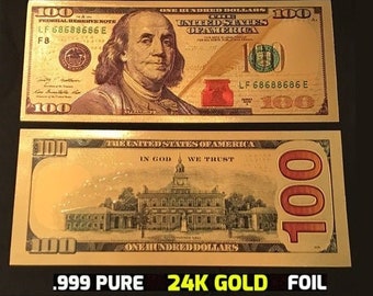 24k Gold Foil .999 NEW Edition Replica 100 Dollar Bill - U.S.Seller