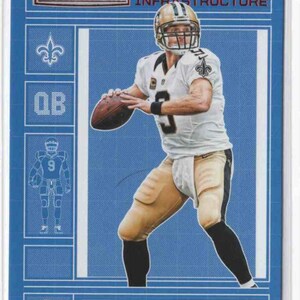 May include: A blue and white trading card featuring a photo of Drew Brees, a quarterback for the New Orleans Saints, throwing a football. The card has the text "Rookies & Stars Team Infrastructure" and "Drew Brees" on it.