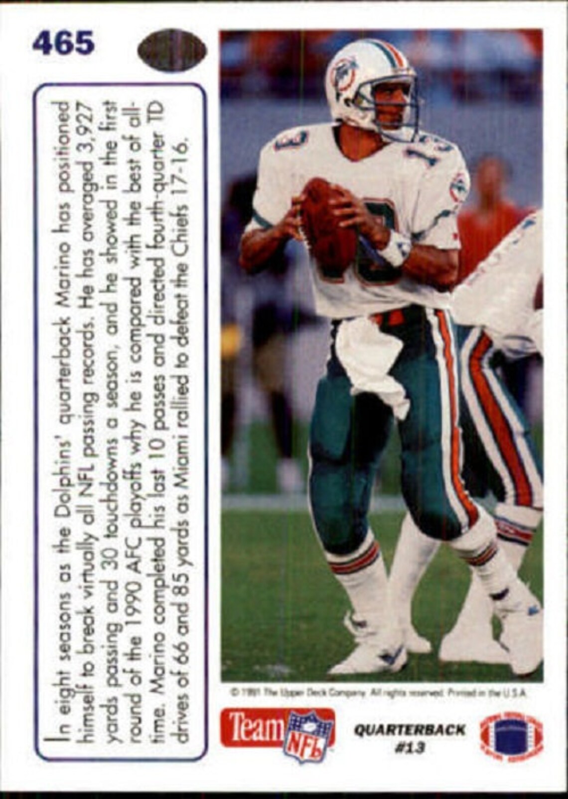 1991 DAN MARINO Upper Deck MVP Football Card 465 Miami Dolphins Etsy