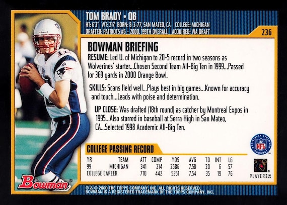 Reprint Bowman #236 Football Tom Brady ROOKIE RC Card New England