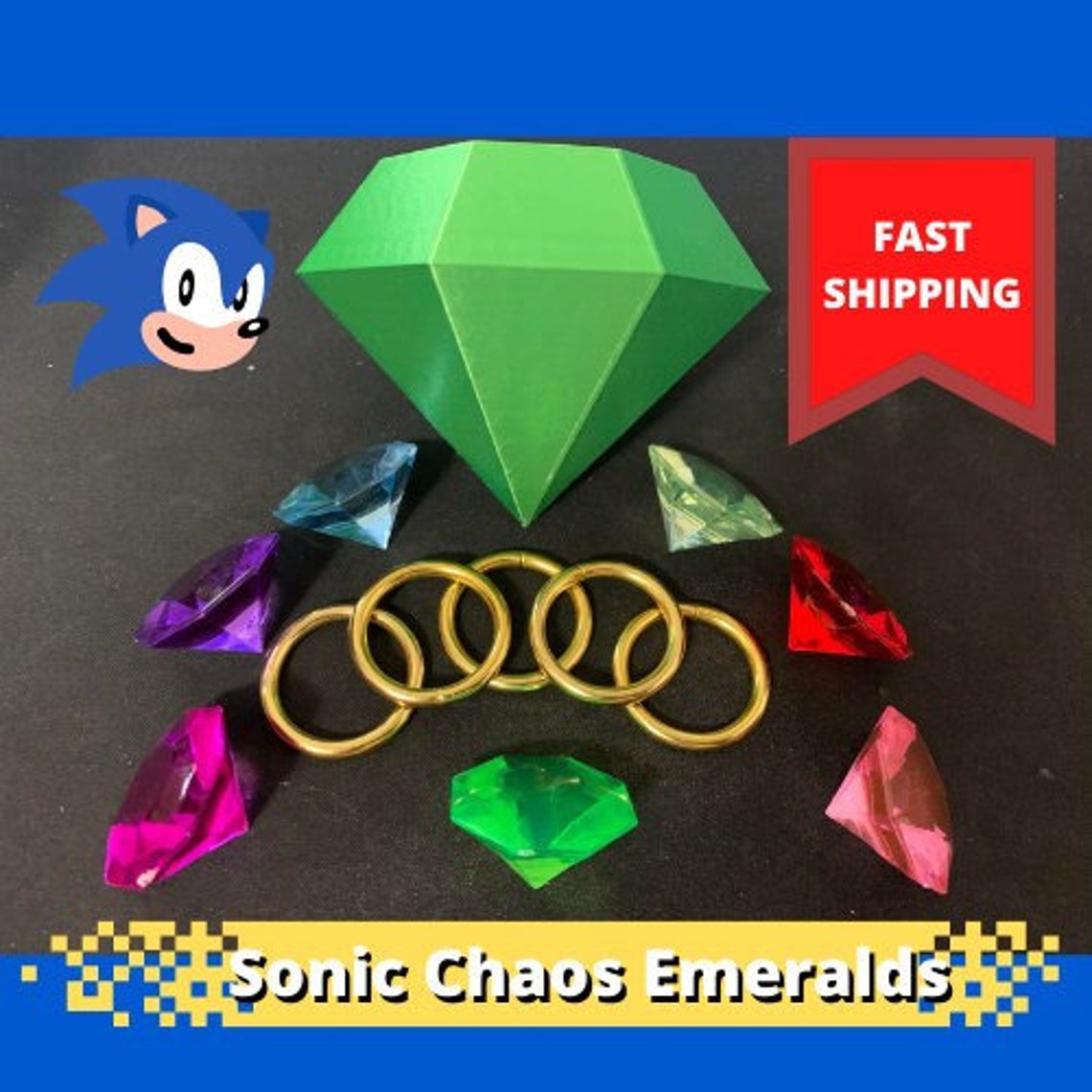Sonic Rings 7 Chaos Emeralds Sonic Gift Ready to Ship Etsy
