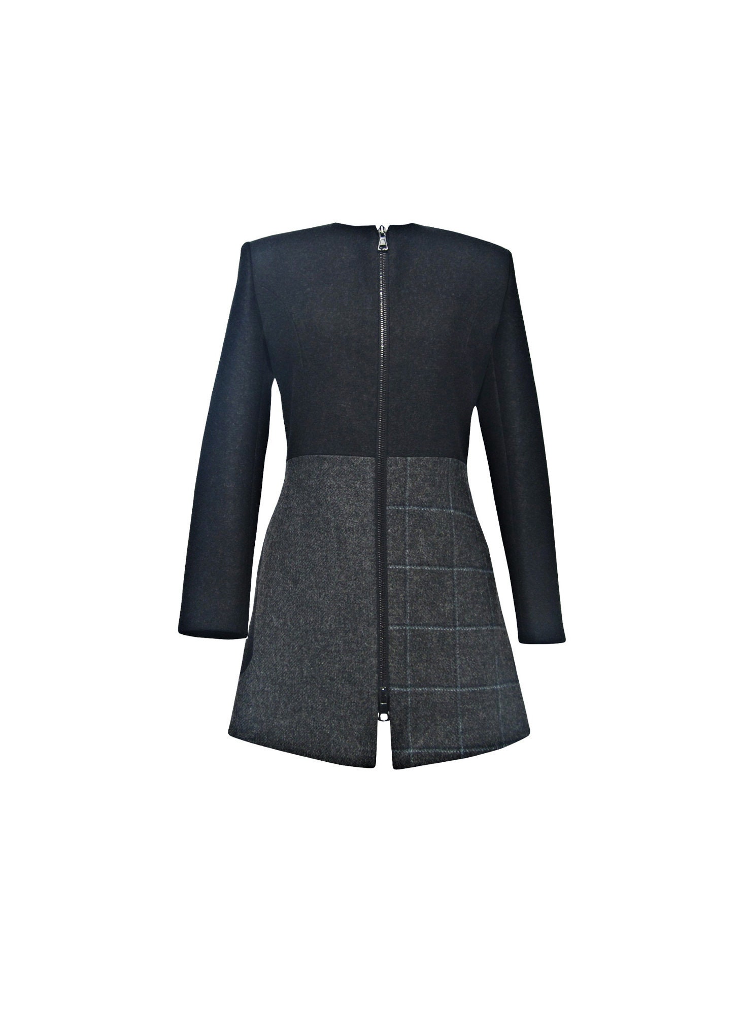 Grey collarless deals coat