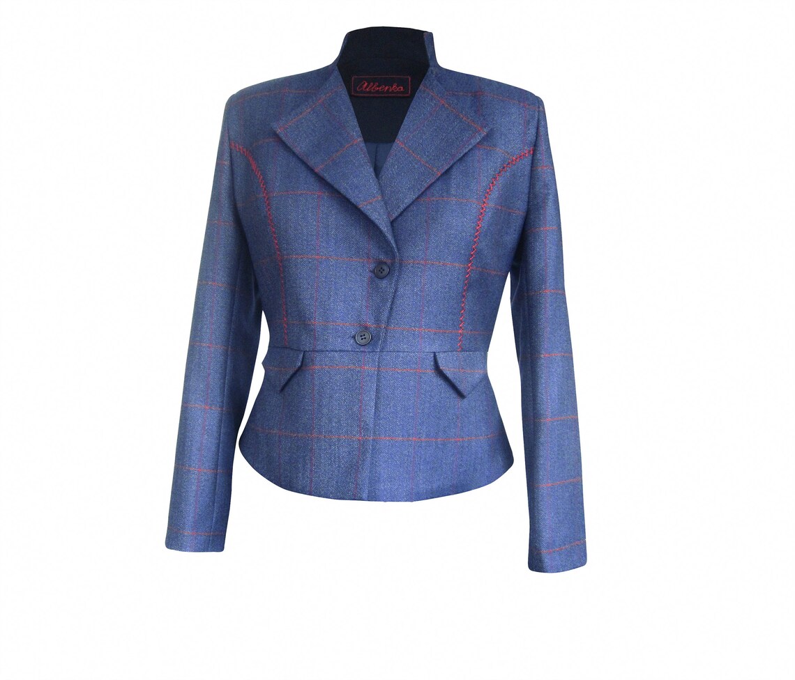 Womens Jacket Wool Blue & Red Check Patternwomen Blazer Etsy