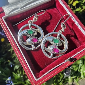 Vintage Silver Created Ruby and Emerald Snake Earrings