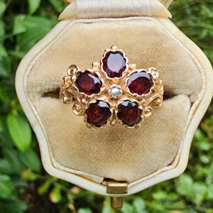 Victorian Style Quality Vintage 9ct Solid Yellow Gold Garnet and Seed Pearl Flower Cluster Ring UK Size O US Size 7.25