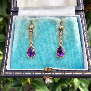 Vintage 9ct Yellow Gold Amethyst Drop Earrings Rich Amethyst Dangle Earrings for Pierced Ears 9k Gold Amethyst Earrings