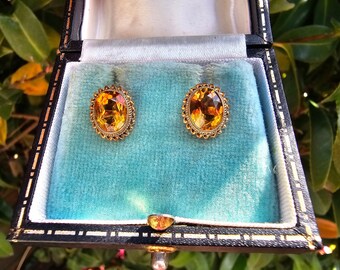 Vintage 1970s 9ct Yellow Gold Oval Cut Citrine Stud Earrings with 9K Rope Twist Boarder Deep Golden Honey Citrine Earrings