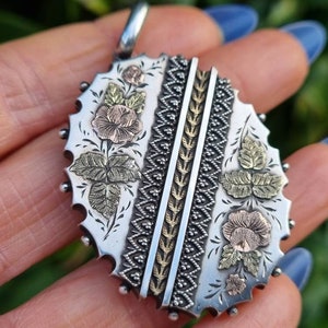 Victorian Silver Locket: Rose Gold Flower Photo Pendant