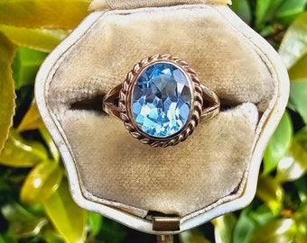 Vintage 9ct Yellow Gold Blue Topaz Ring J 1/2 or U.S 5 Powder Baby Blue Topaz Oval Solitaire