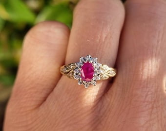 Vintage 9ct Yellow Gold Ruby Diamond Ring - Size L / US 6.25