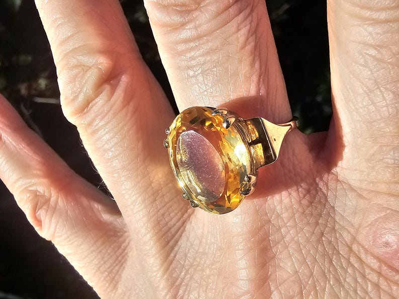 Vintage 9ct Gold Citrine Ring - UK Hallmarks - Size US 7.25 Big Yellow Gemstone image 11