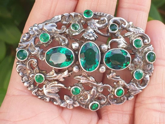 Antique Sterling Silver Emerald Paste Brooch