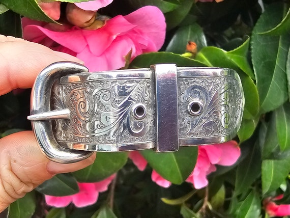 Antique Victorian Silver Buckle Bangle Detailed E… - image 1
