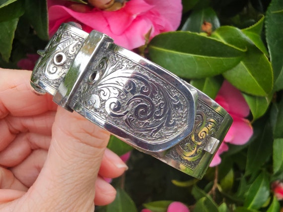 Antique Victorian Silver Buckle Bangle Detailed E… - image 5