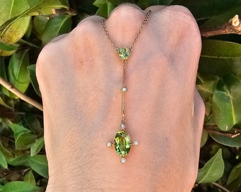 Antieke 9ct gouden Peridot en zaad parelketting Edwardiaanse 9K levendige groene Peridot gouden ketting