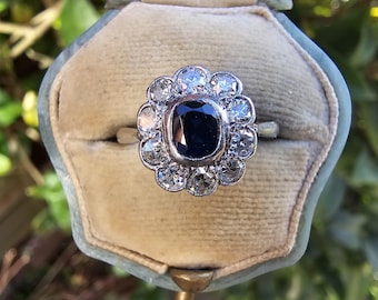 Art Deco Sapphire Diamond Ring: 18ct White Gold Platinum, UK Size K 1/2