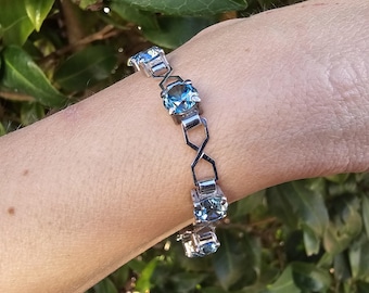 Art Deco 9ct White Gold Blue Zircon Bracelet: Aqua Ocean Blue