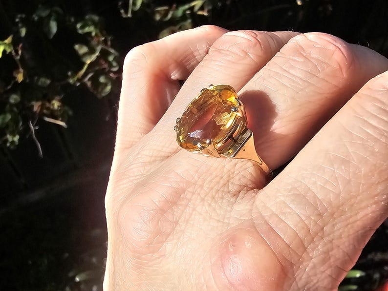 Vintage 9ct Gold Citrine Ring - UK Hallmarks - Size US 7.25 Big Yellow Gemstone image 18