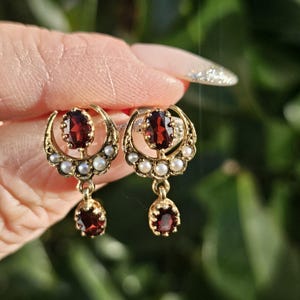 Vintage 9ct Yellow Gold Crescent Moon Seed Pearl & Garnet Dangle Drop Earrings 9K Gold Antique Style Red Garnet and Seed Pearl Earrings