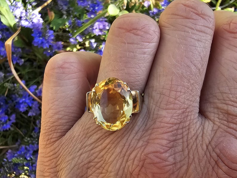 May include: A gold ring featuring a large, oval-cut yellow gemstone. The ring has a simple band with rectangular accents on either side of the gemstone. The ring is set against a background of blue flowers and green foliage.