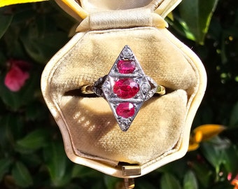 Art Deco Ruby Diamond Ring: 18K Gold Platinum Antique Jewelry