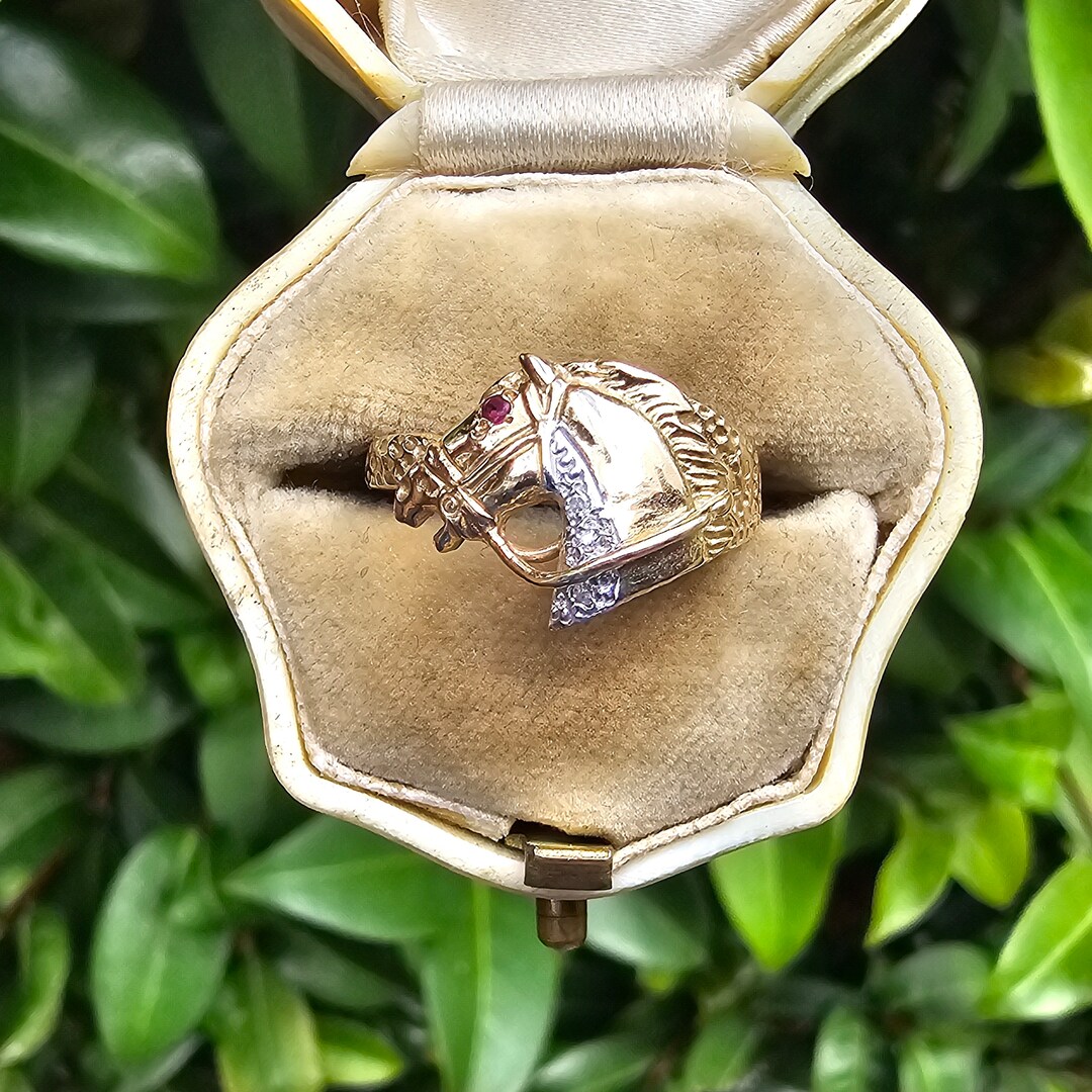 Horse Stallion Pony Diamond Pave & Ruby 18K Rose White Gold Black Diamond Ring main image 1