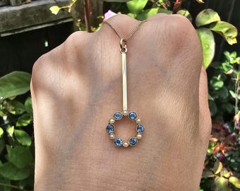 Antique 15ct Gold Aquamarine Seed Pearl Pendant Necklace, 9ct Chain