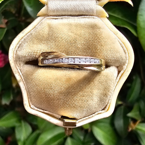 Vintage 9ct Yellow Gold Diamond Crossover Band Ring Sparkling Row of Diamonds 9K Stacking Ring UK Size P or US 7.5 Diamond Wedding Band
