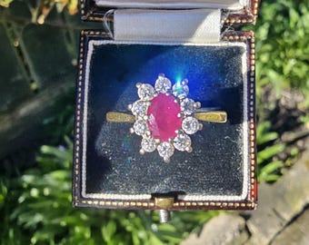 Vintage 18ct Gold Fuchsia Ruby Diamond Cluster Ring - Size U/US 10 Resize available