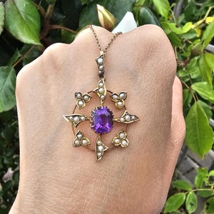 Antique Edwardian 9ct Gold Amethyst and Seed Pearl Pendant with 9ct Gold Chain Necklace Purple Amethyst and Seed Pearl Pendant 9k Gold Chain